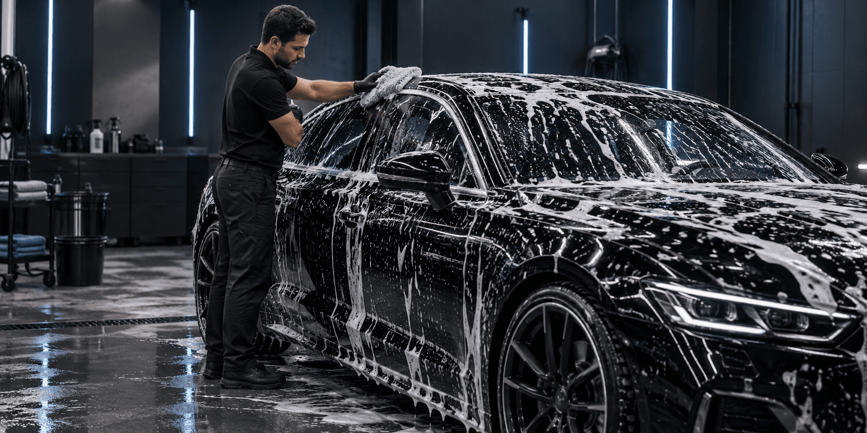 Handwäsche am Fahrzeug mit Schaum, von Hand